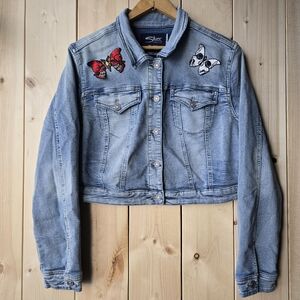 Silver Jeans Light Blue Denim Jacket Skull Patches Gothic Womens XL
